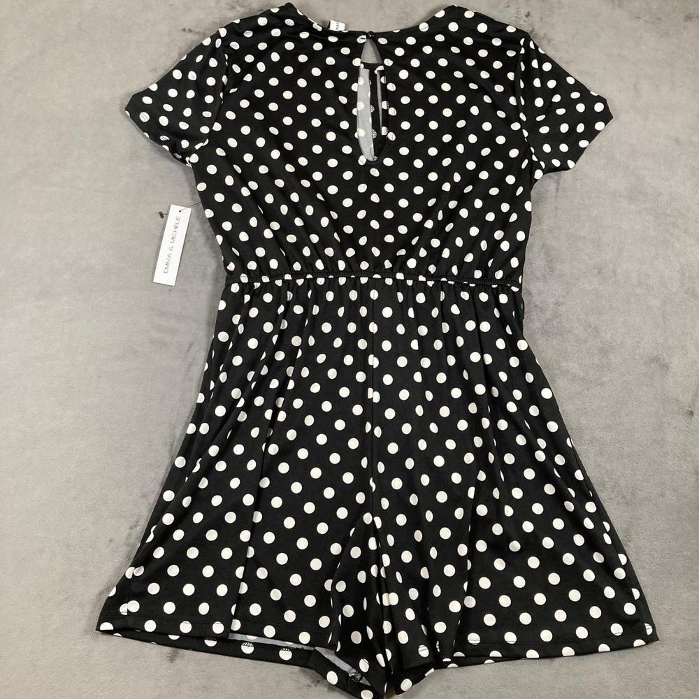 Emma & Michele Womens Polka Dot Tie Front Romper Black White Size L - Picture 3 of 6